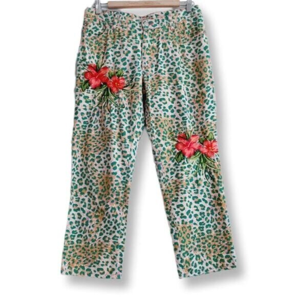 ANNA MOLINARI Floral Embroidered Crop Jeans Leopard Print Sz M - Picture 1 of 12